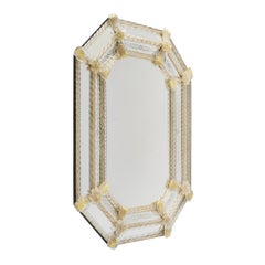 Venetian Etched Glass Octagonal Mirror with Floral and Ribbon Details, Circa 194