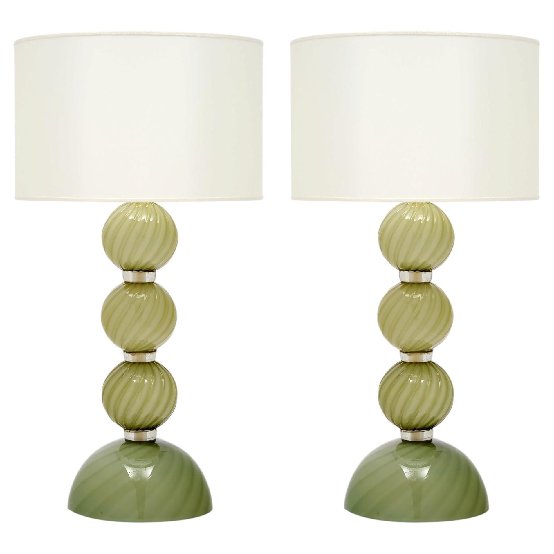 Venetian Glass, Classic Globe Lamps, Soft Green, Murano, Italy For Sale