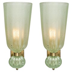 Pair of Contemporary Pale Green Murano Glass and Brass Sconces