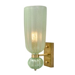 Pair of Contemporary Pale Green Murano Glass and Brass Sconces