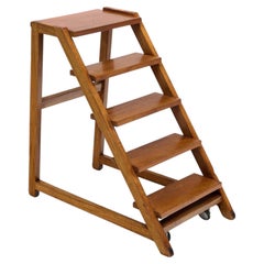 Art Deco Period French Oak Rolling Library Wooden Steps, Circa 1940