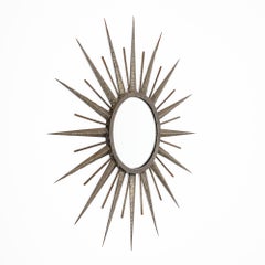 French Mid-Century Modern Hand-Hammered Metal Sunburst Mirror, Circa 1960