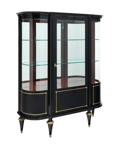 French Louis XVI Style Ebonized Curved Glass Vitrine Display Cabinet, Circa 1900