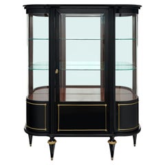 French Louis XVI Style Ebonized Curved Glass Vitrine Display Cabinet, Circa 1900