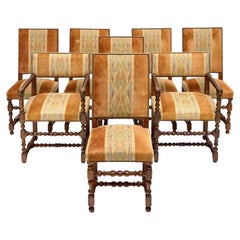 French Louis XIII Style Turned Walnut Dining Chairs and Armchairs, Set of Eight
