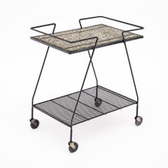 French Mid-Century Modern Bar Cart, Tiled Top, Black Metal Frame, 1970