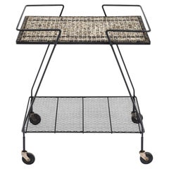 French Mid-Century Modern Bar Cart, Tiled Top, Black Metal Frame, 1970