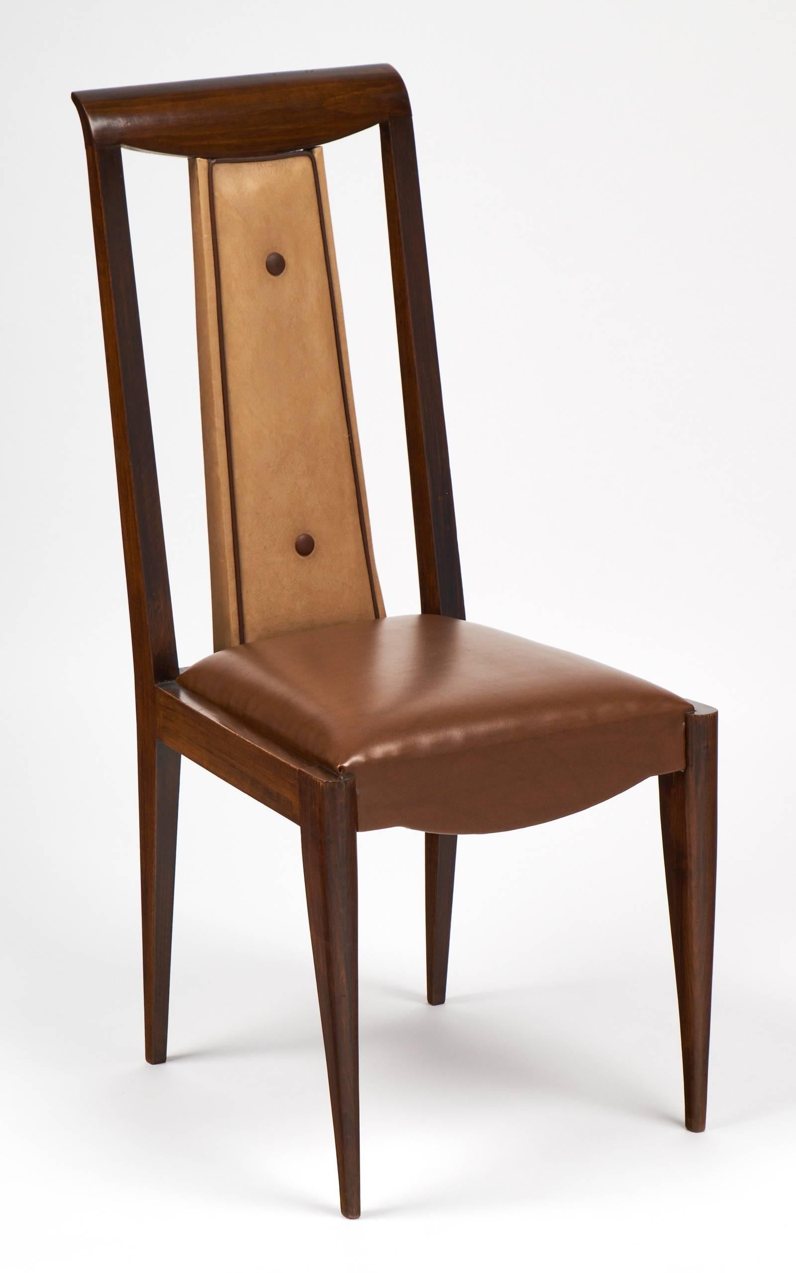 Polished French 1940s Set of Six Solid Walnut Dining Chairs