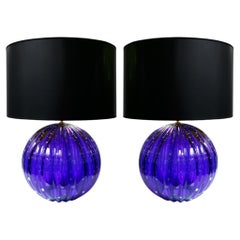 Cobalt Blue Murano Glass Table Lamps with Gold Flecks, Italy, New