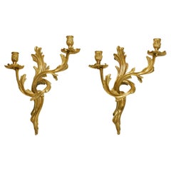 French Early 20th Century Pair of Rococo Cast Brass Candelabra, Wall lights