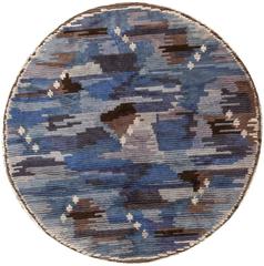 Round Blue Retro Rya Scandinavian Rug 