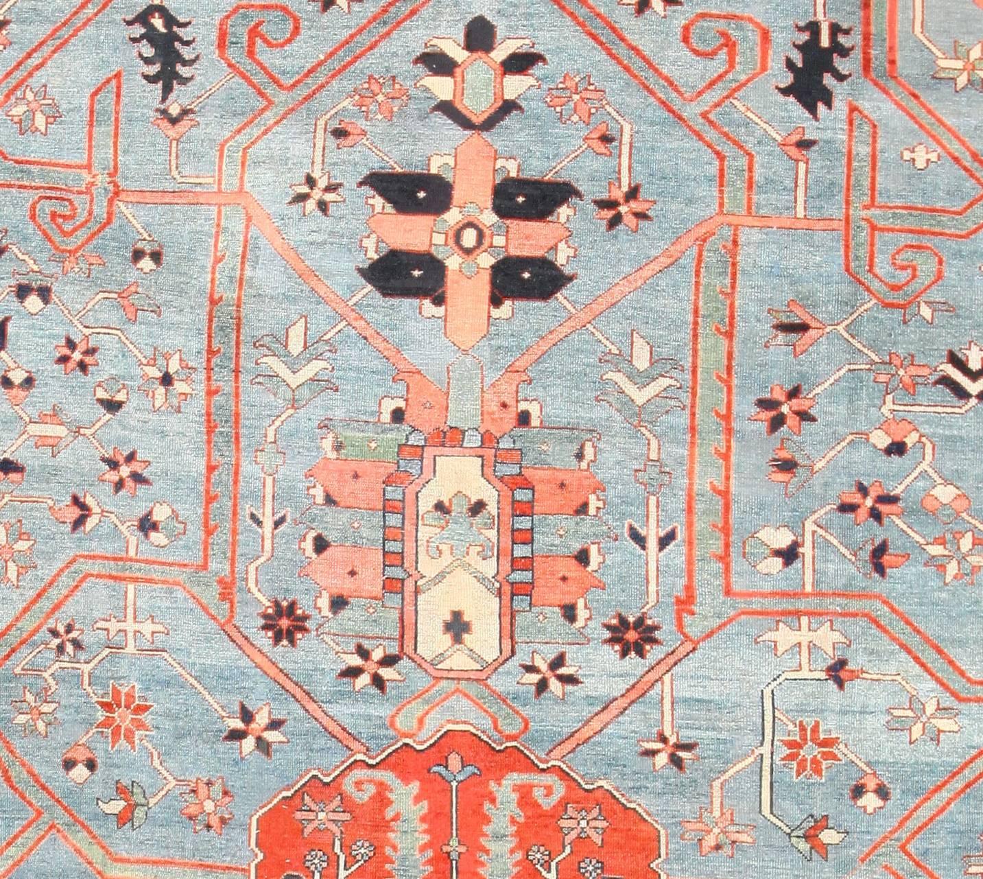 Hand-Knotted Large Light Blue Antique Persian Heriz Serapi Rug
