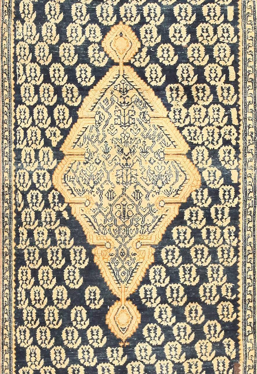 Hand-Knotted Blue Medallion Antique Persian Malayer Runner Rug