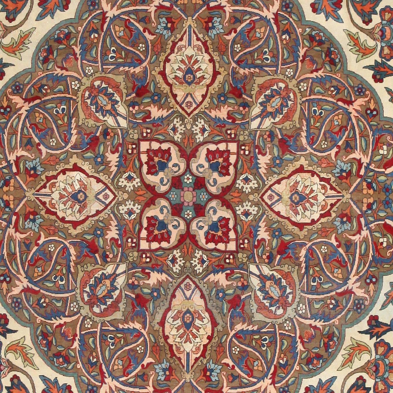 Antique Persian Tehran Rug, Country of Origin: Persia, Circa Date: 1930– Delectably vibrant colors create a diamond-shaped medallion on this antique Persian rug. An herbal green fills the background of the medallion, which showcases an elaborate