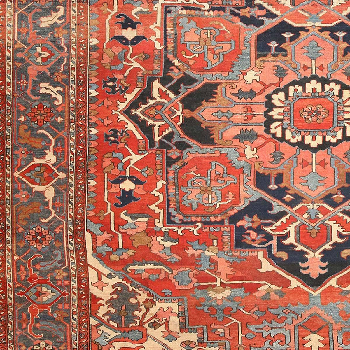 Hand-Knotted Large Geometric Antique Persian Heriz Serapi Rug