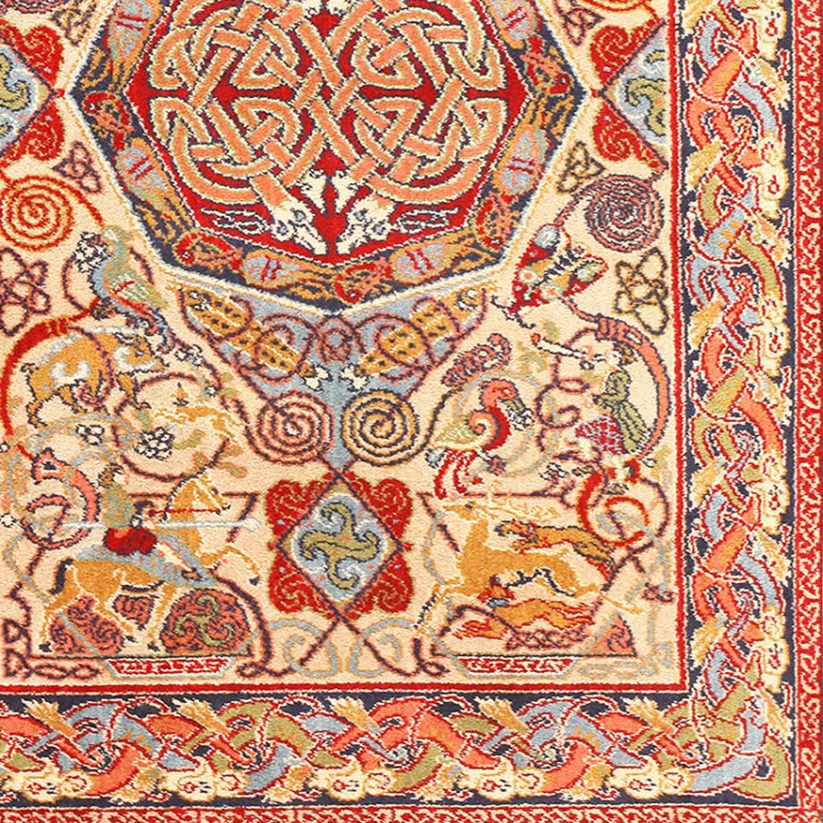 A delightful, variegated pattern spills over the creamy yellow body of this European vintage rug. Featuring a variety of complex Celtic knot-work, the hunting scene rug design is centered with a red octagon that brims with entwined snakes. This