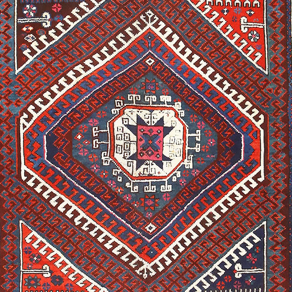 Beautiful and Collectible Tribal Design Antique Turkish Bergama Rug, Country of Origin / Rug Type: Turkish Rugs, Circa Date: Late 19th Century. Size: 7 ft x 9 ft 7 in (2.13 m x 2.92 m)

This medley of dark blue with shades of red, accented by bright