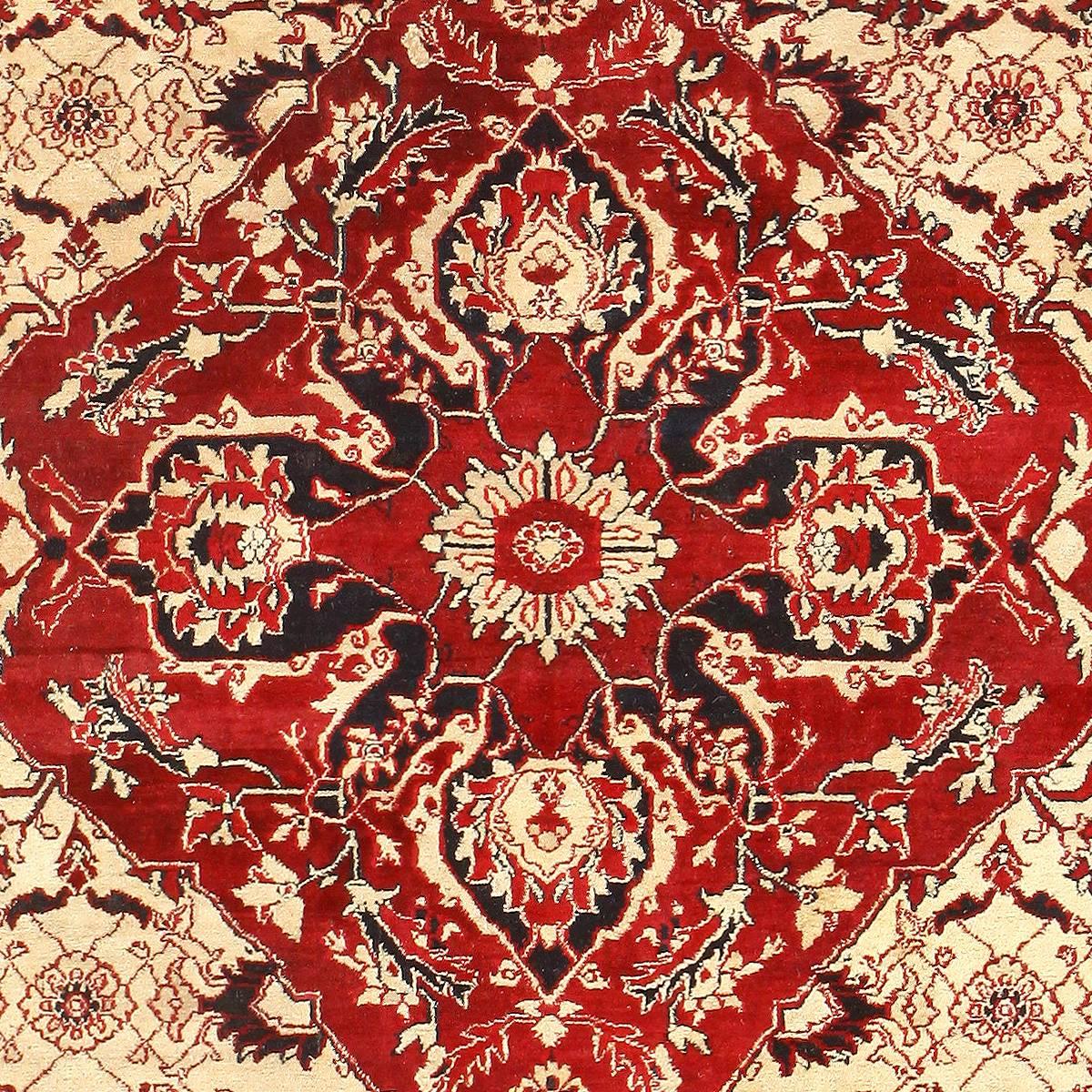 Fine Antique Indian Agra Rug, Country of Origin / Type of Rug: Indian Rugs, Circa Date: 1900. Size: 6 ft x 8 ft 9 in (1.83 m x 2.67 m) 

Featuring a brilliant fiery color scheme that emphasizes the contrast of colors, this elegant Agra rug is