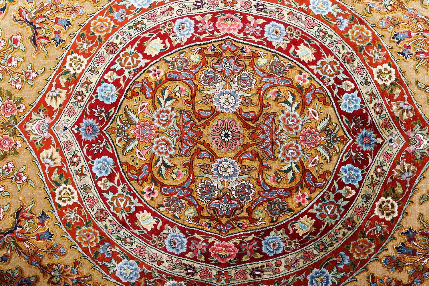 Hand-Knotted Fine Silk and Gold Thread Vintage Tabriz Persian Rug