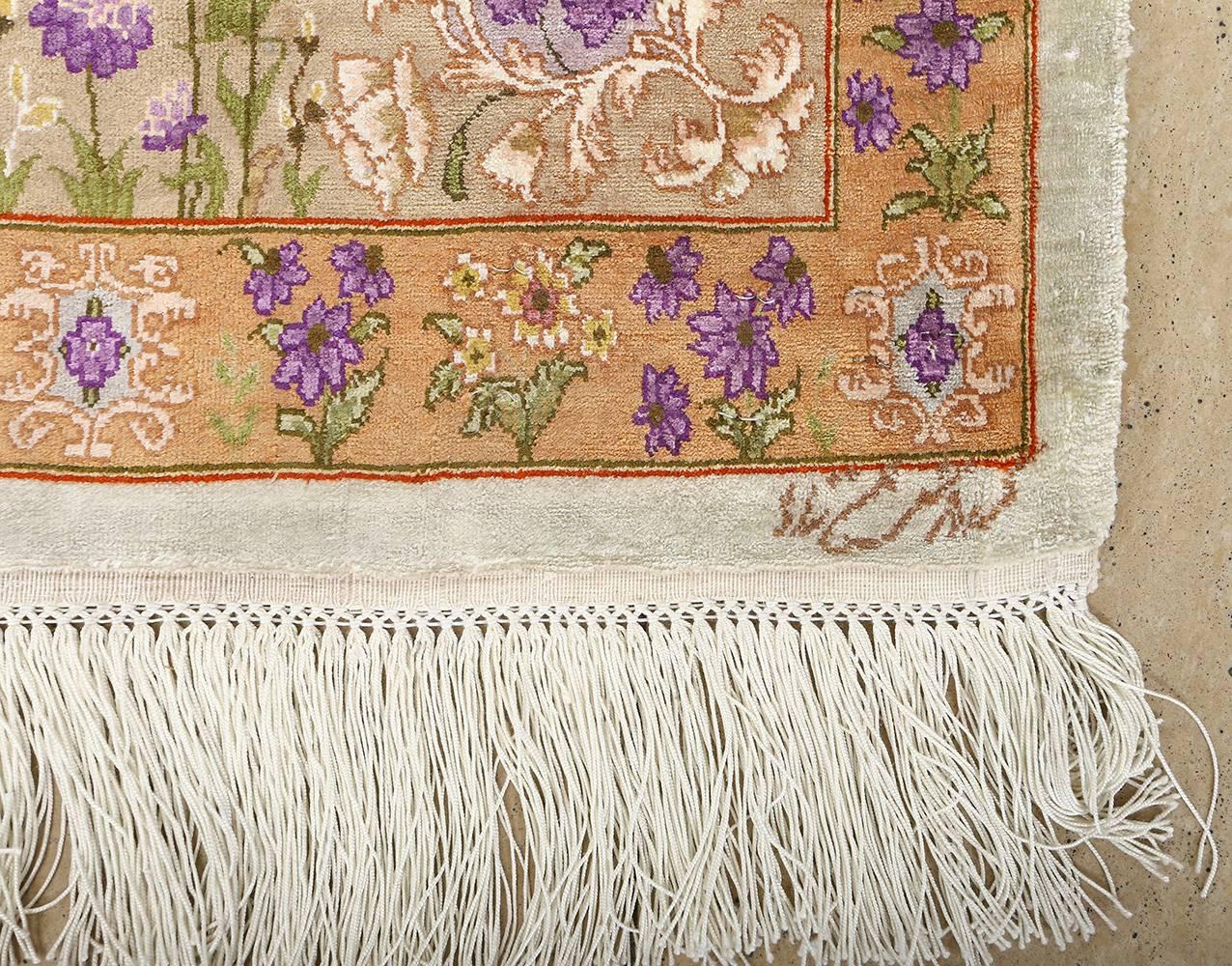 Hand-Knotted Silk Floral Vintage Tabriz Persian Rug