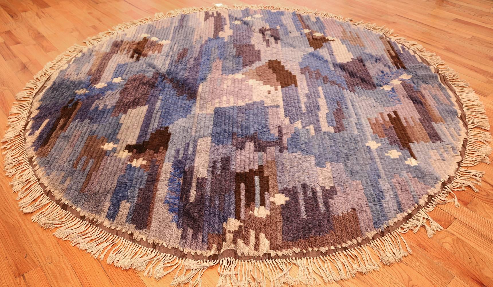 Wool Round Blue Vintage Rya Scandinavian Rug 