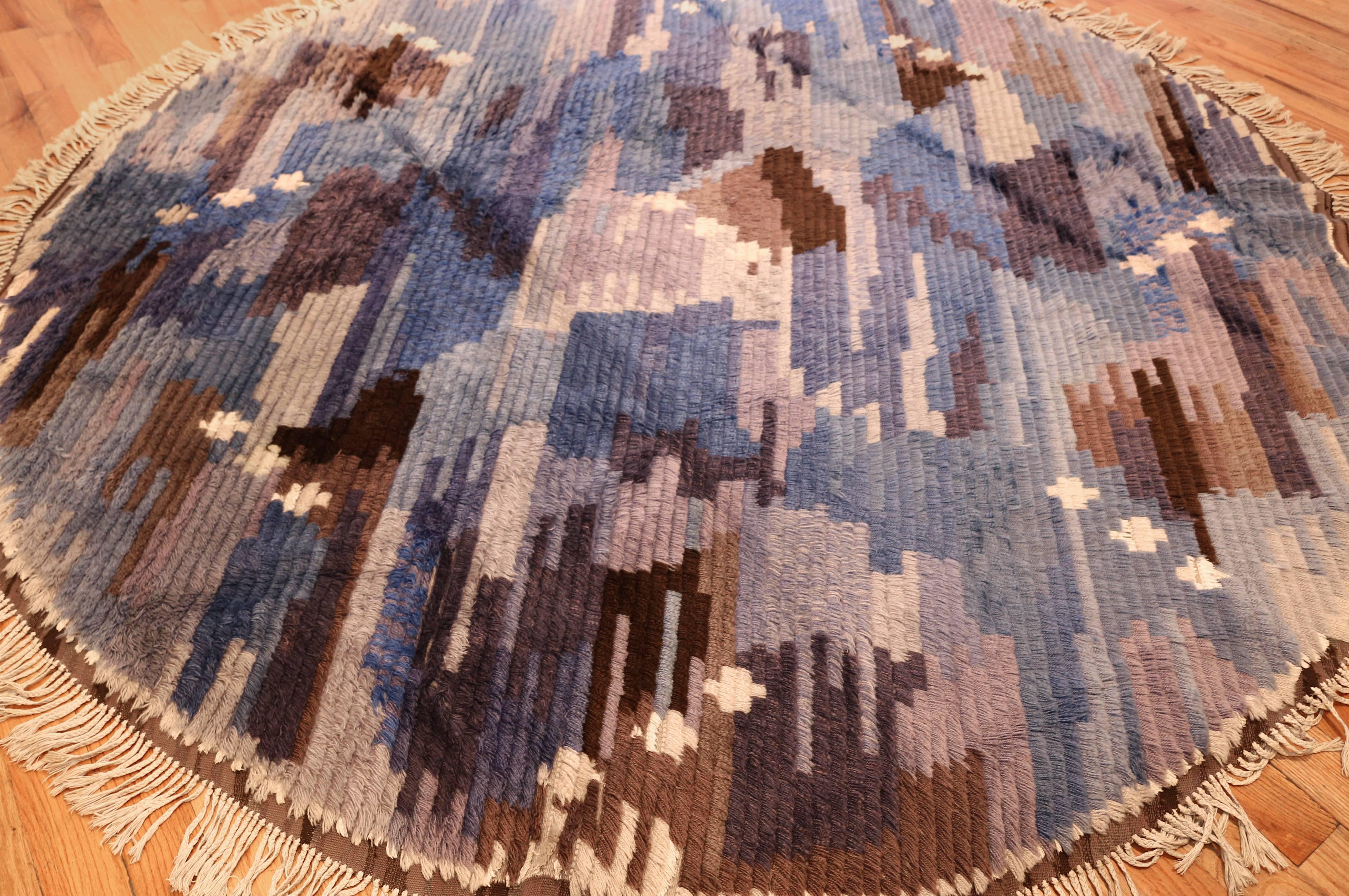 Round Blue Vintage Rya Scandinavian Rug  1