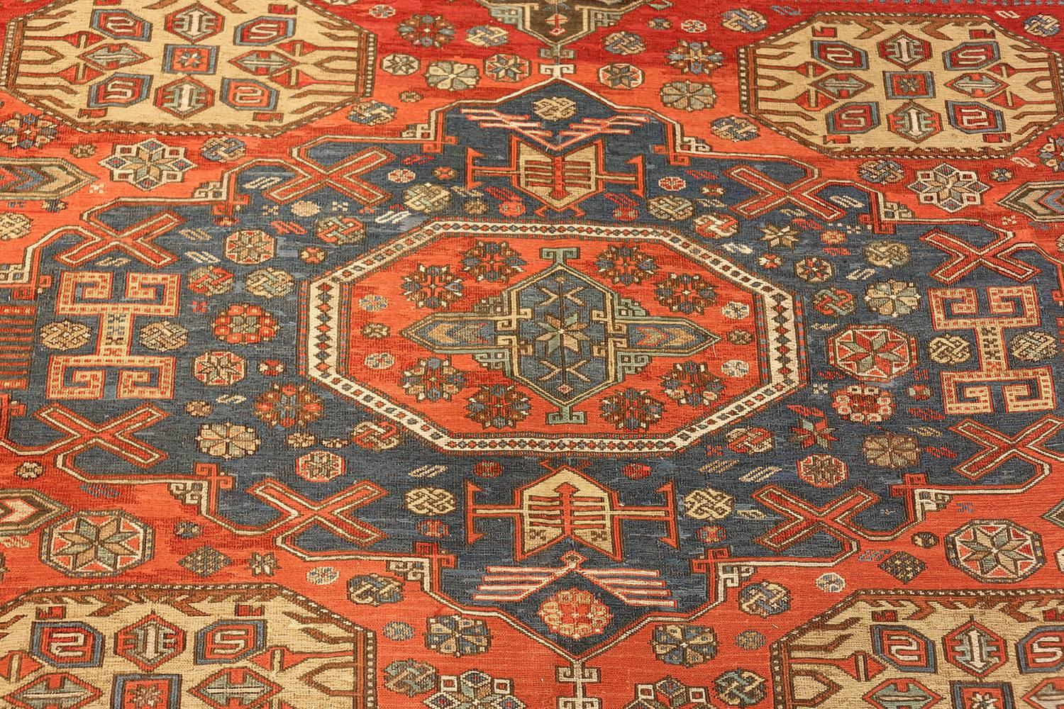Hand-Knotted Antique Tribal Red Soumak Caucasian Rug 