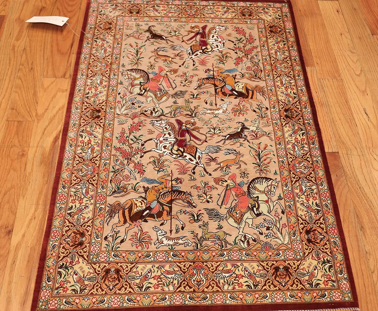Hunting Scene Modern Silk Persian Qum Rug. Size: 2 ft 7 in x 4 ft In Excellent Condition In New York, NY