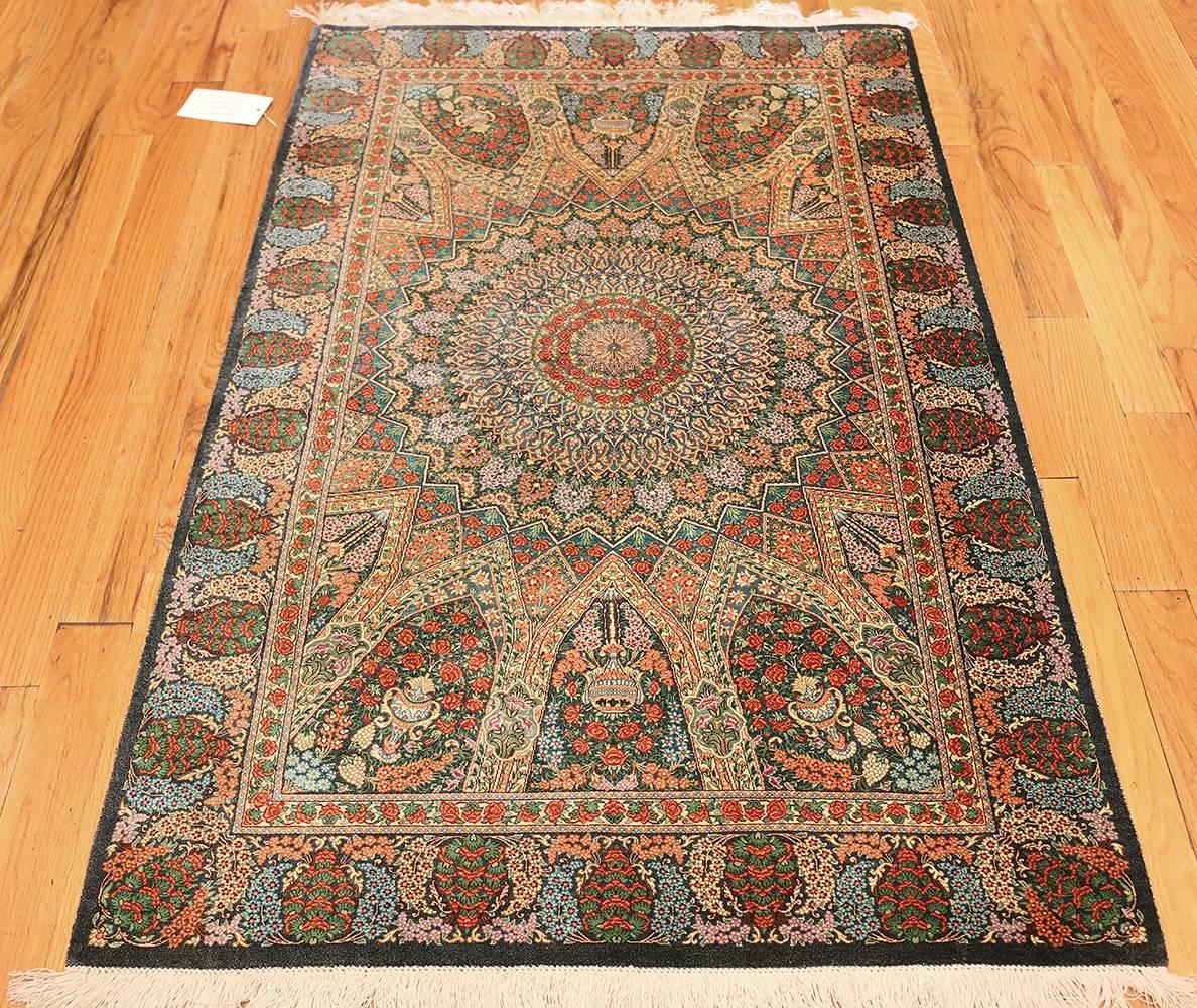 Other Green Background Silk Persian Qum Rug. Size: 3 ft 4 in x 5 ft (1.02 m x 1.52 m)
