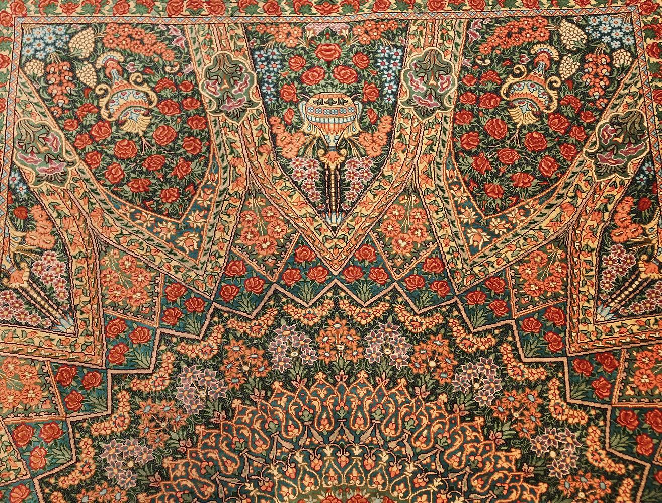 Green Background Silk Persian Qum Rug. Size: 3 ft 4 in x 5 ft (1.02 m x 1.52 m) In Excellent Condition In New York, NY