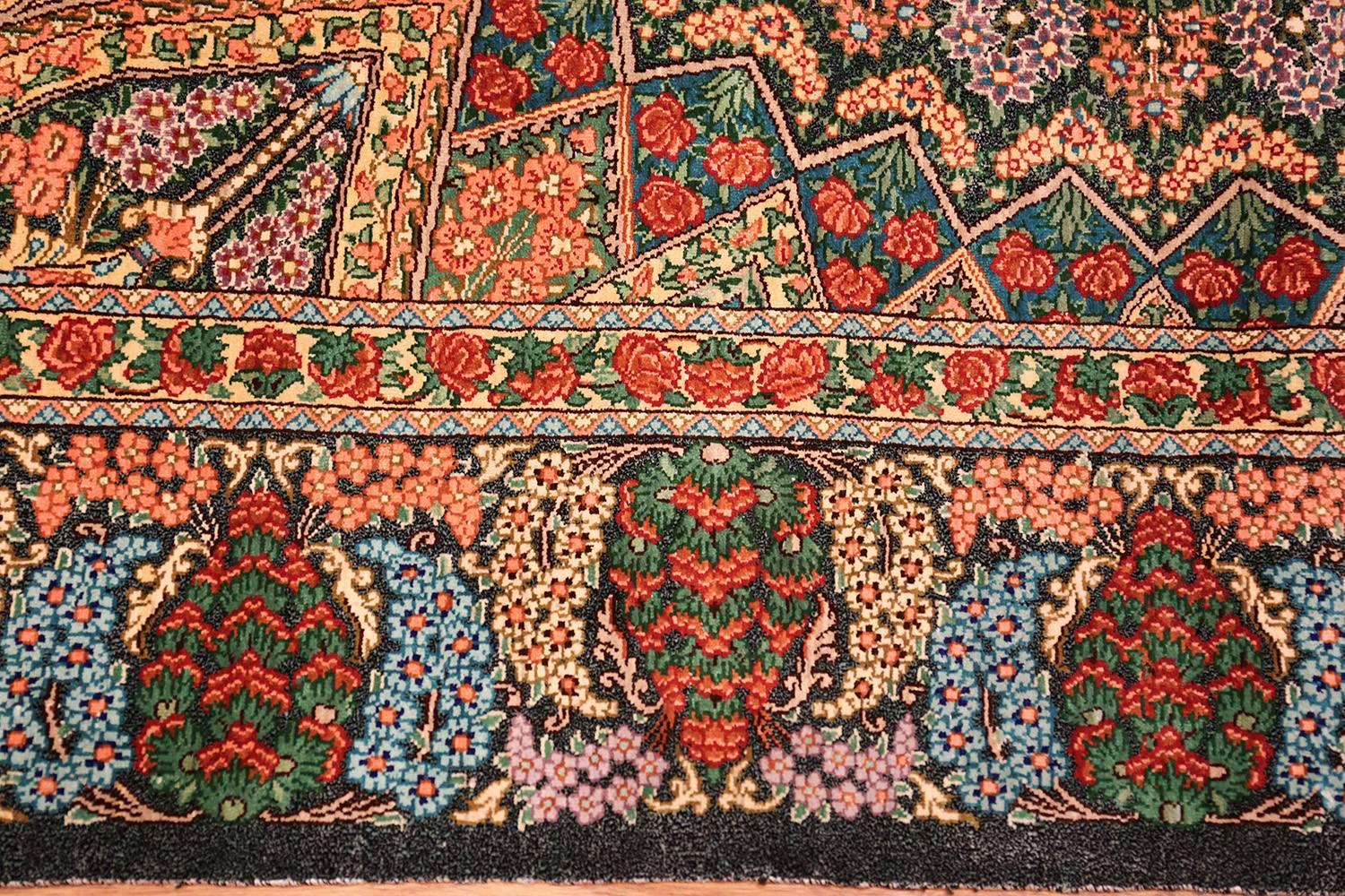 Green Background Silk Persian Qum Rug. Size: 3 ft 4 in x 5 ft (1.02 m x 1.52 m) 1