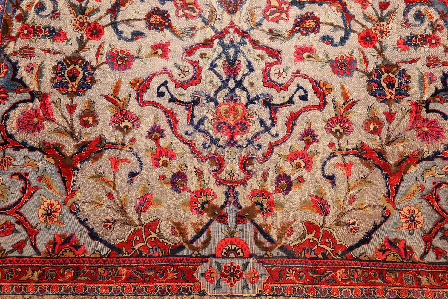 Beautiful antique metallic threading silk Souf Kashan Persian rug 49246, country of origin / rug type: Persian rug, date circa 1920. The metallic tones, in this breathtaking antique Persian Kashan rug, stand with warmer colors to create a lavish