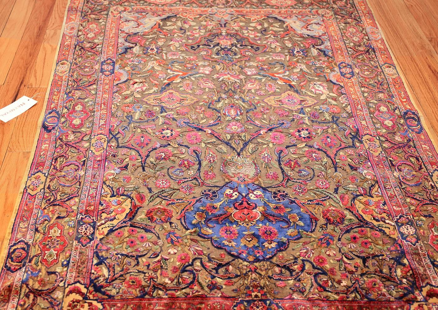 Hand-Knotted Antique Metallic Threading Silk Souf Kashan Persian Rug