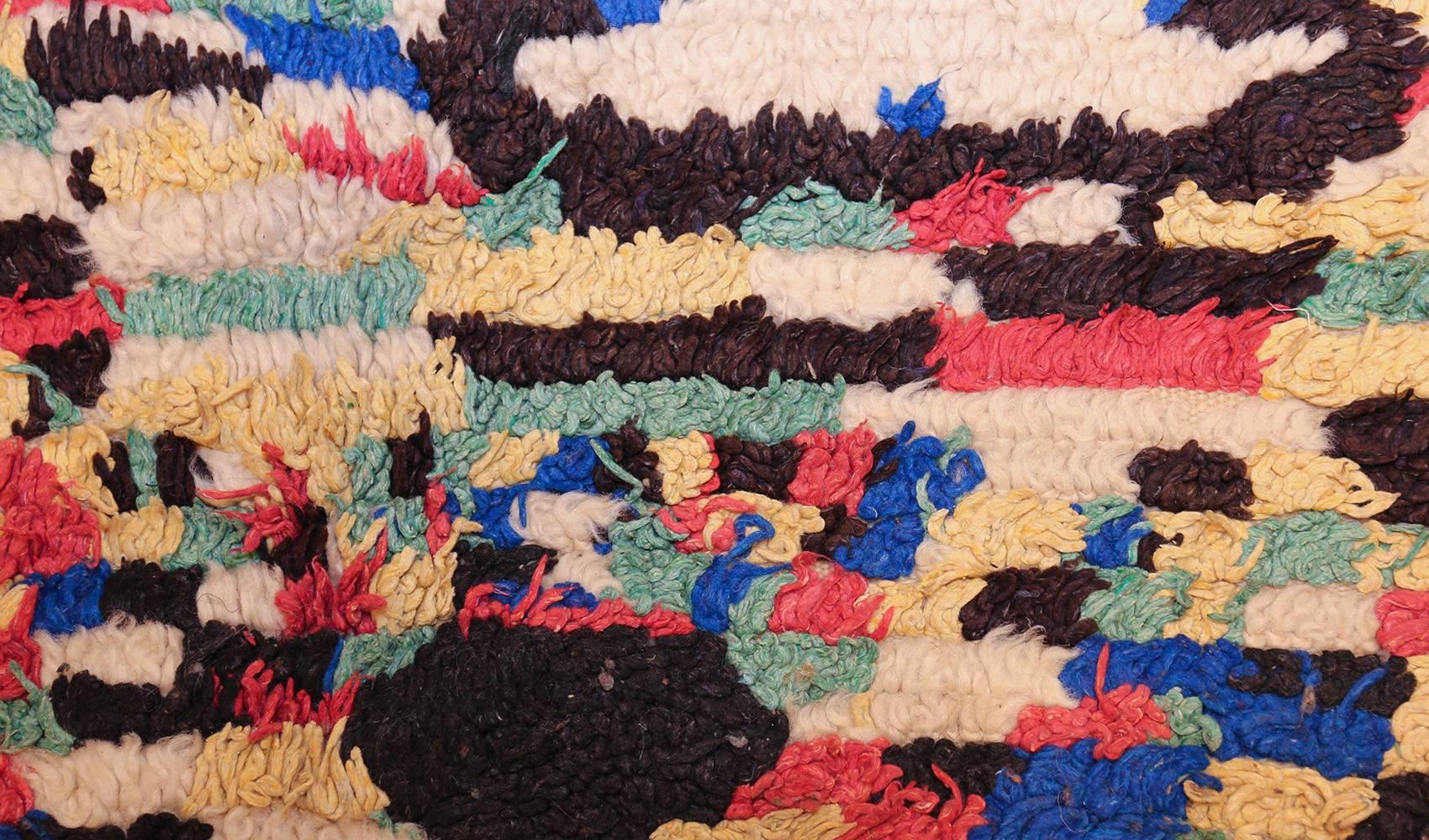 Hand-Knotted Small Square Vintage Moroccan Boucherouite Rug 4' 6