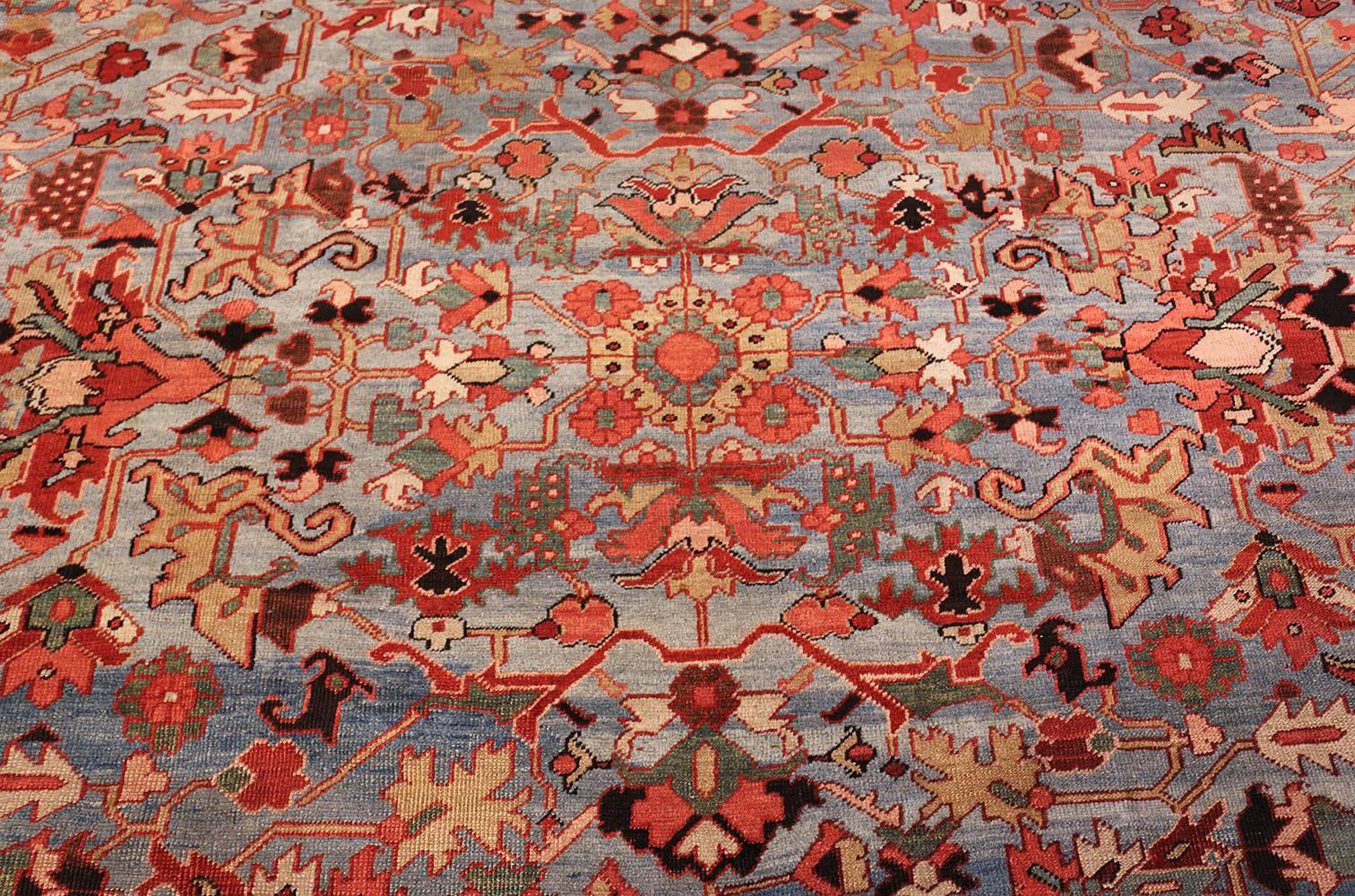 Hand-Knotted Blue Background Antique Persian Heriz Rug