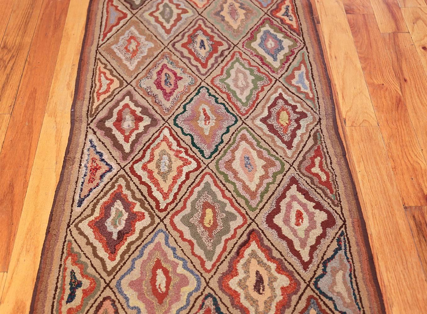 Hand-Knotted Antique American Hooked Rug. Size: 2 ft 2 in x 14 ft 1 in (0.66 m x 4.29 m)