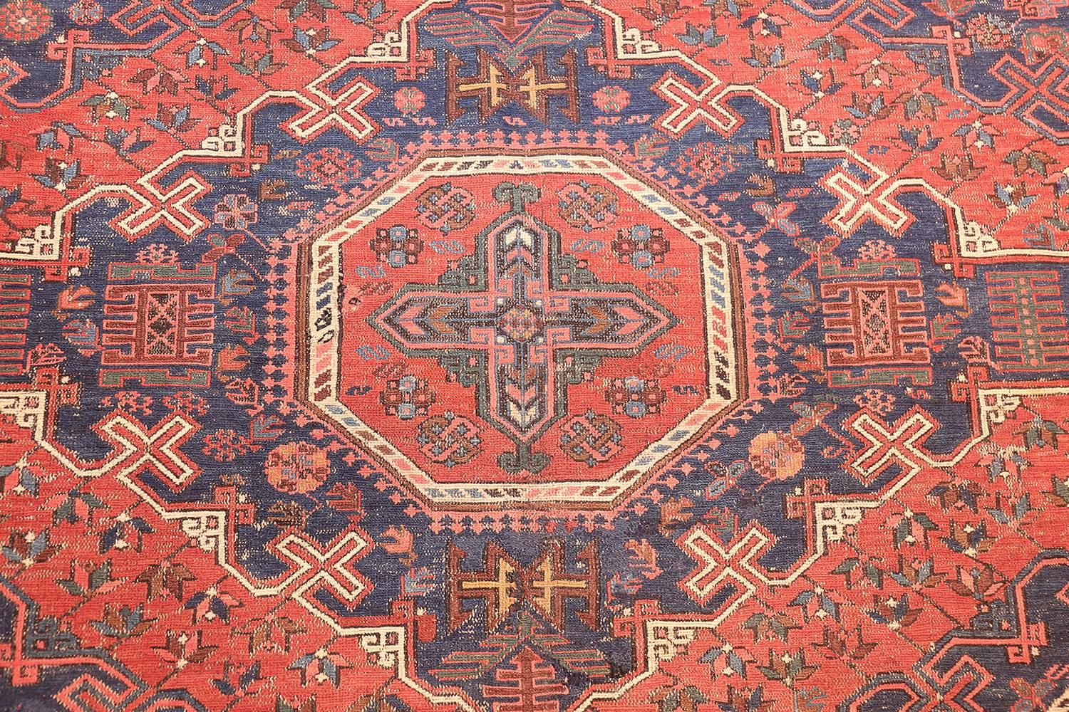 Beautiful Antique Caucasian Soumak Rug, Country of Origin: Caucasian, Circa Date: Early 20th Century – Size: 8 ft x 12 ft 6 in (2.44 m x 3.81 m)

With deep, rich colors and elegant yet tribal shapes, this Caucasian rug, an antique Soumak rug, is a