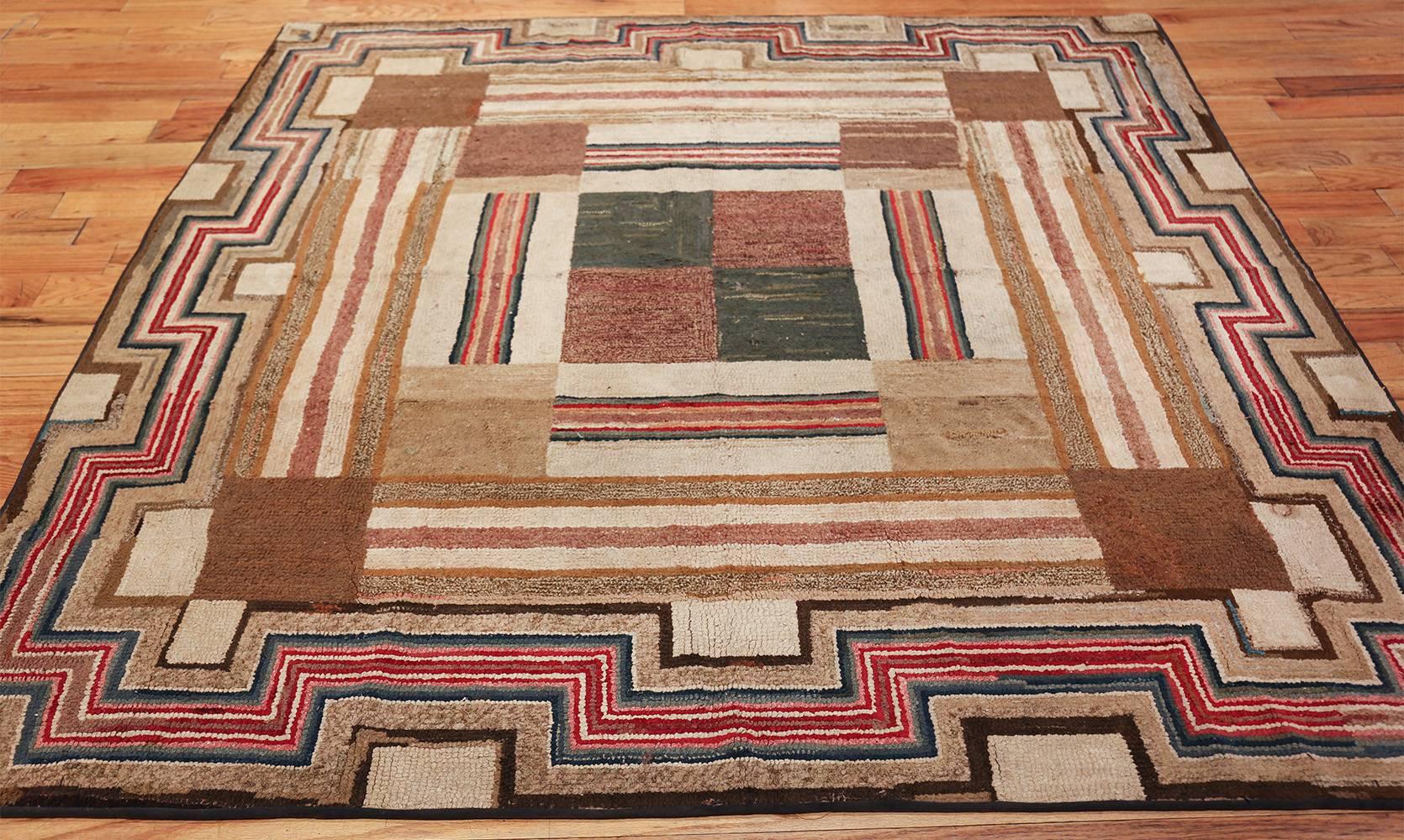 Hand-Knotted Colorful Antique Square American Hooked Rug