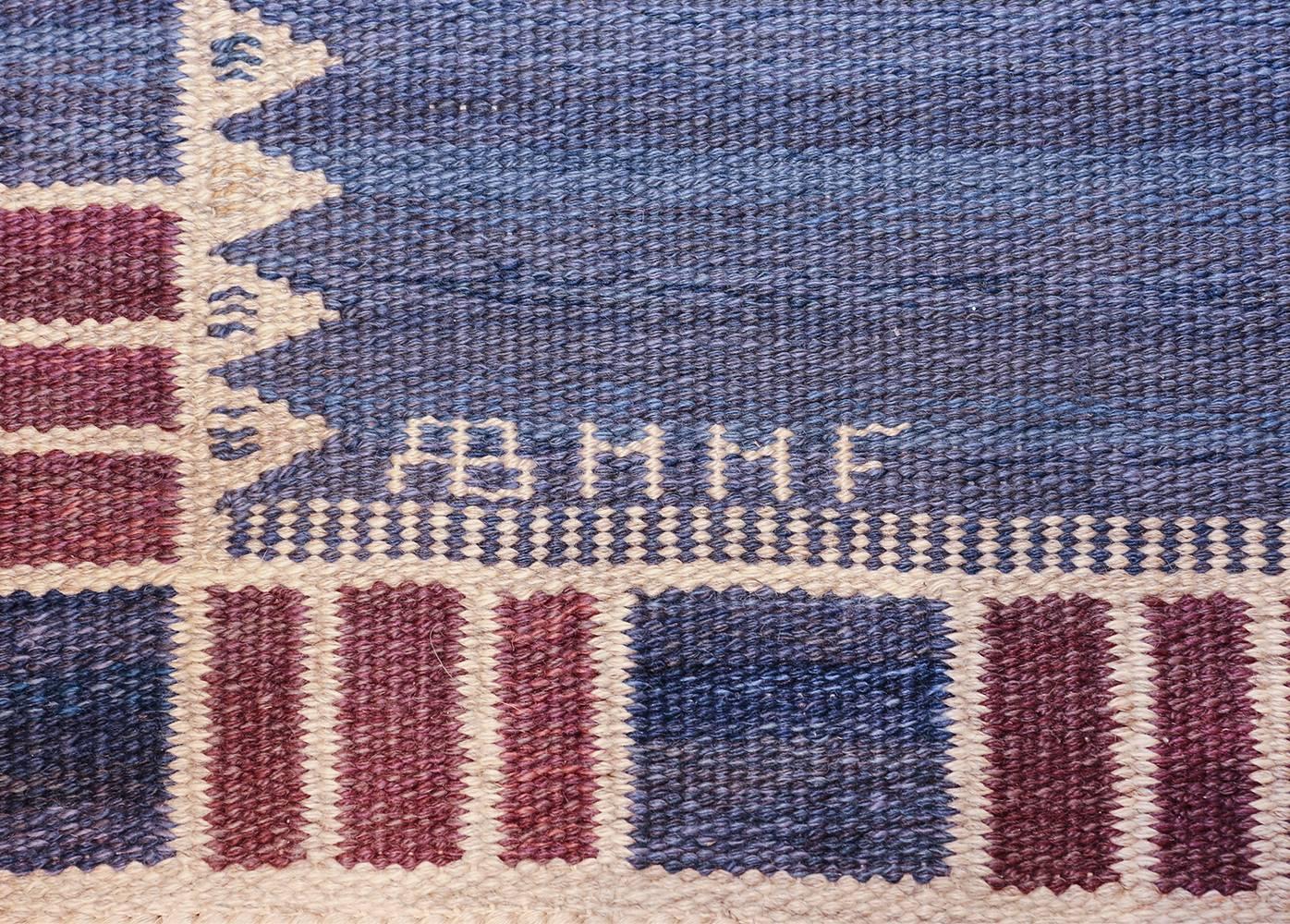Wool Vintage Scandinavian Marta Maas Salerno Blue Kilim Rug by Barbro Nilsson