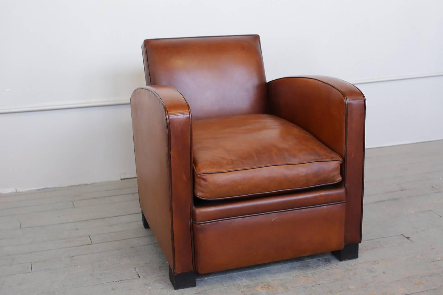 Mid-20th Century Pair of French Art Deco Parisian Original Leather Club Chairs, circa 1930s