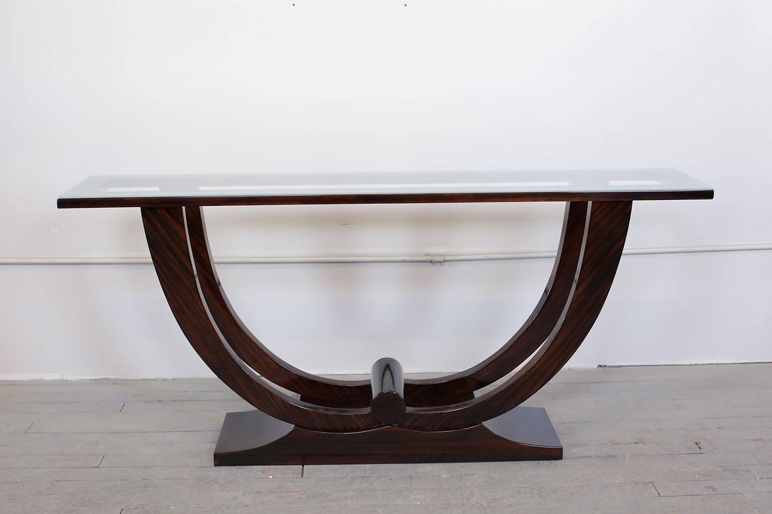 French  Art Deco  Macassar and Glass Console Table circa 1940s 1
