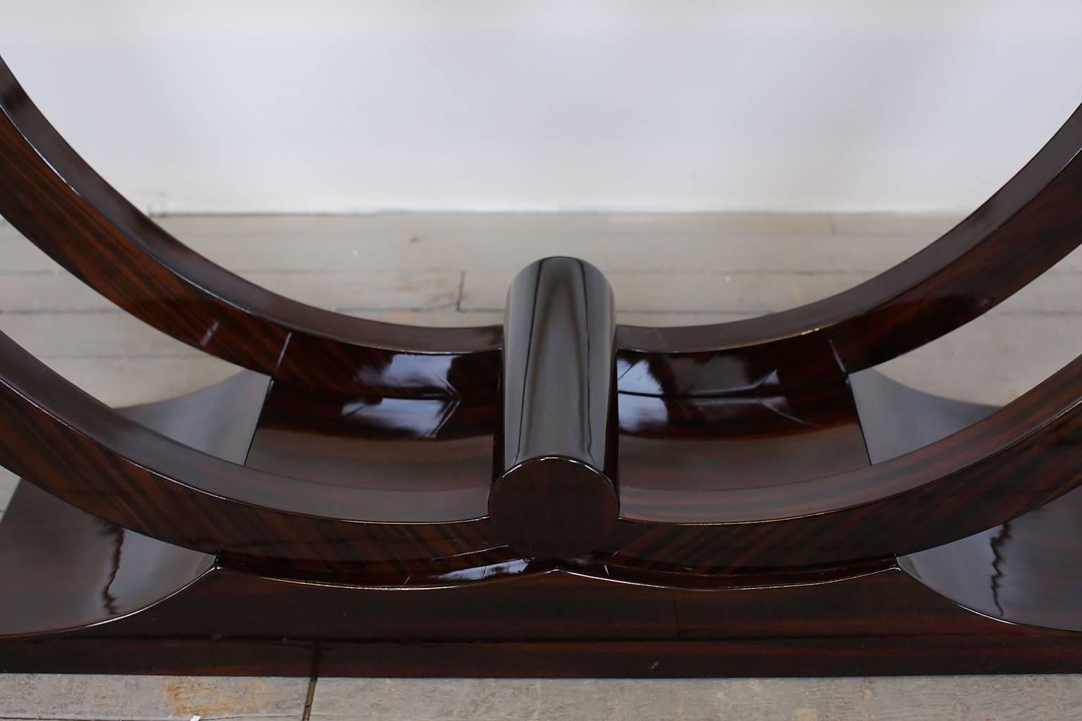 Macassar ebony French Art Deco console table with a sand blasted glass top.