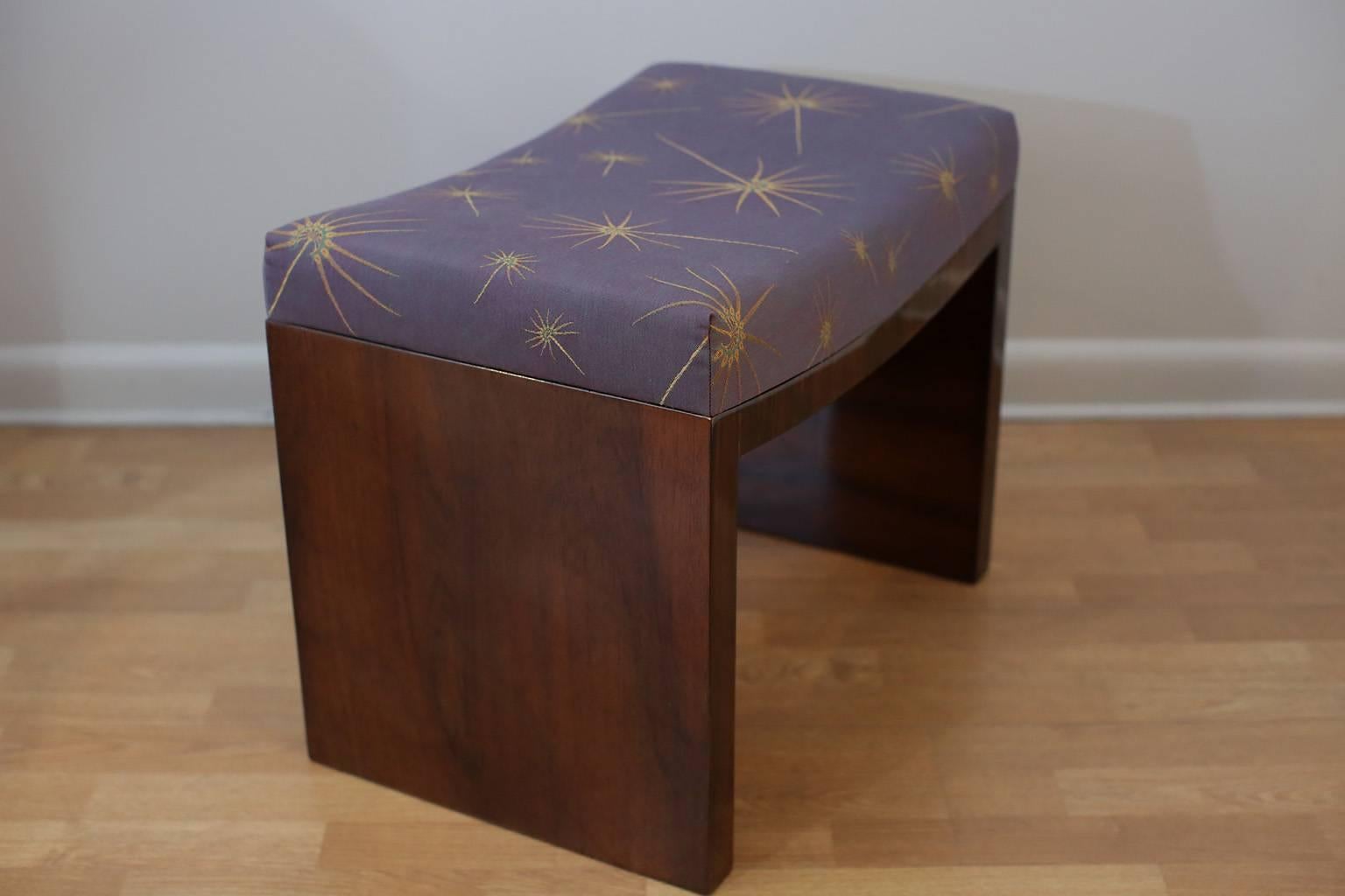 Art Deco pouf or bench with Macassar ebony front and back. Walnut sides. Vintage fabric upholstery.