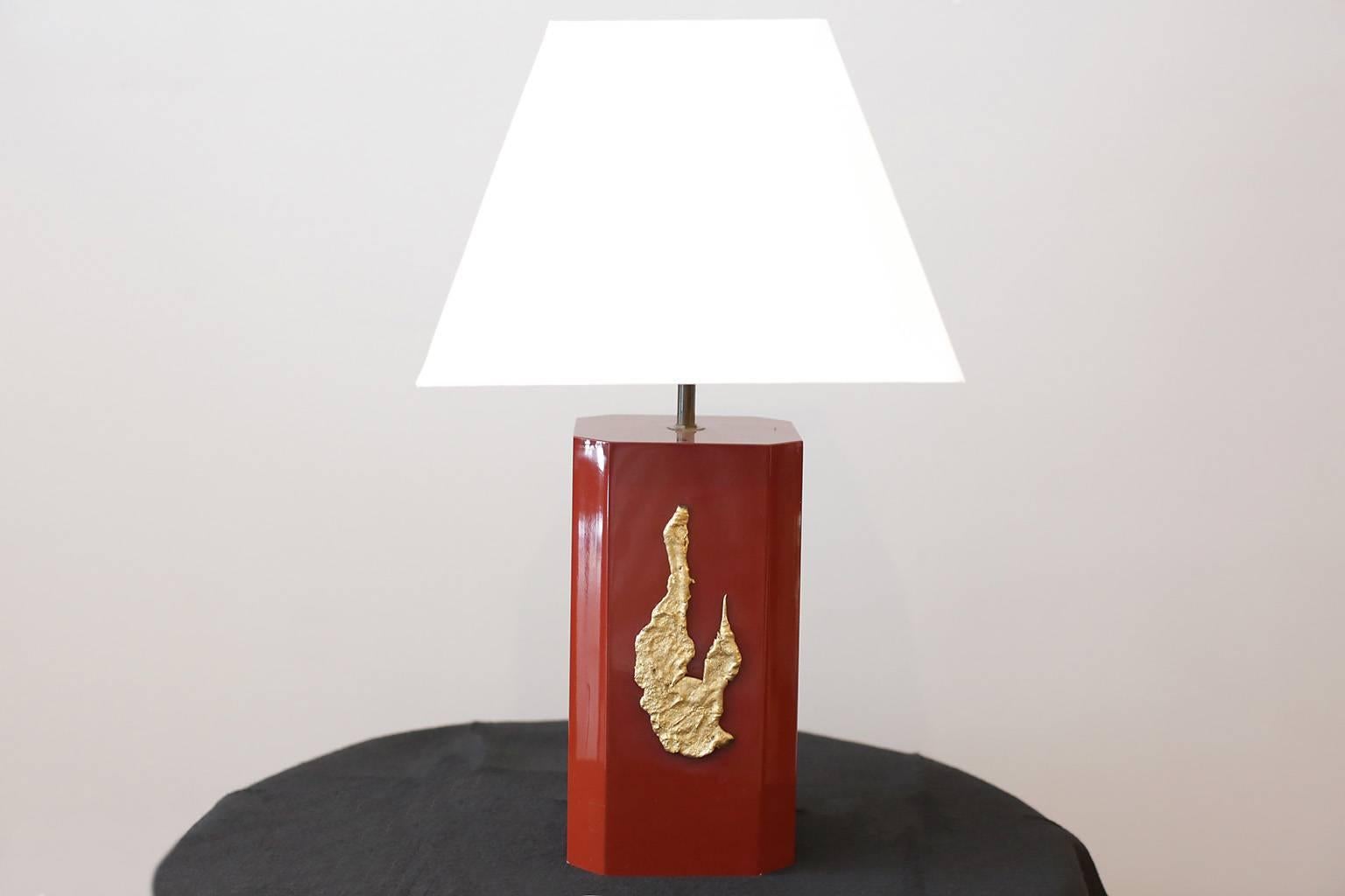 Cinnabar resin with bronze detail modernist table lamps.