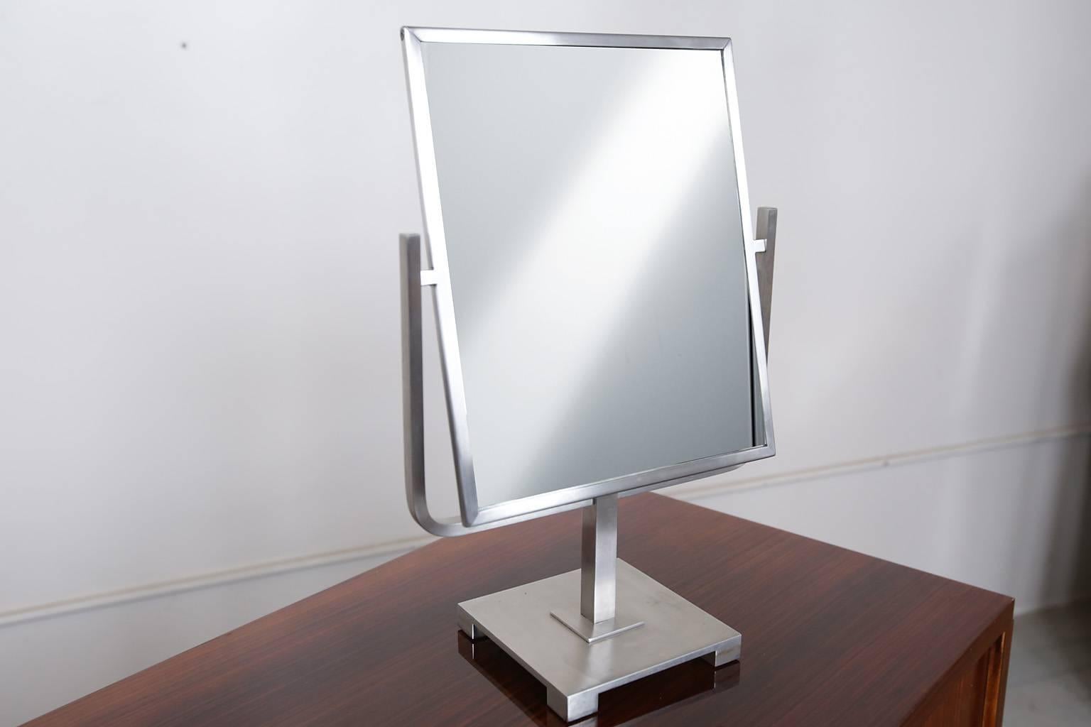 French Mid-Century vanity top two-sided mirror in brushed nickel.