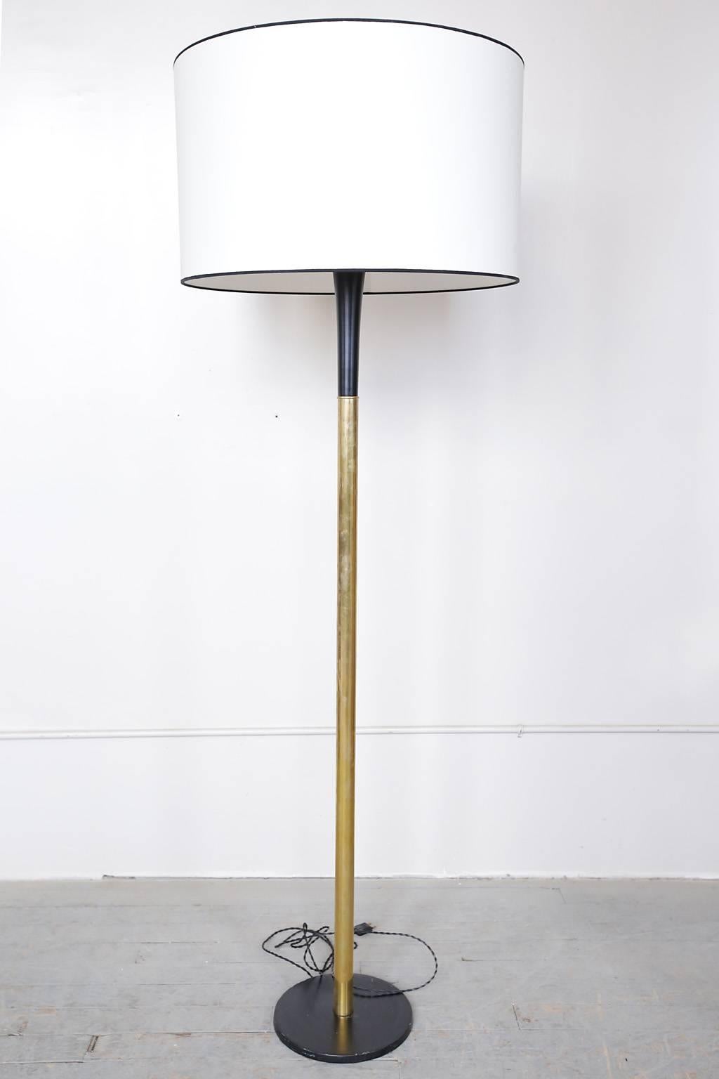 Midcentury floor lamp. Brass and ebonized metal. Large-scale custom linen lampshade.
