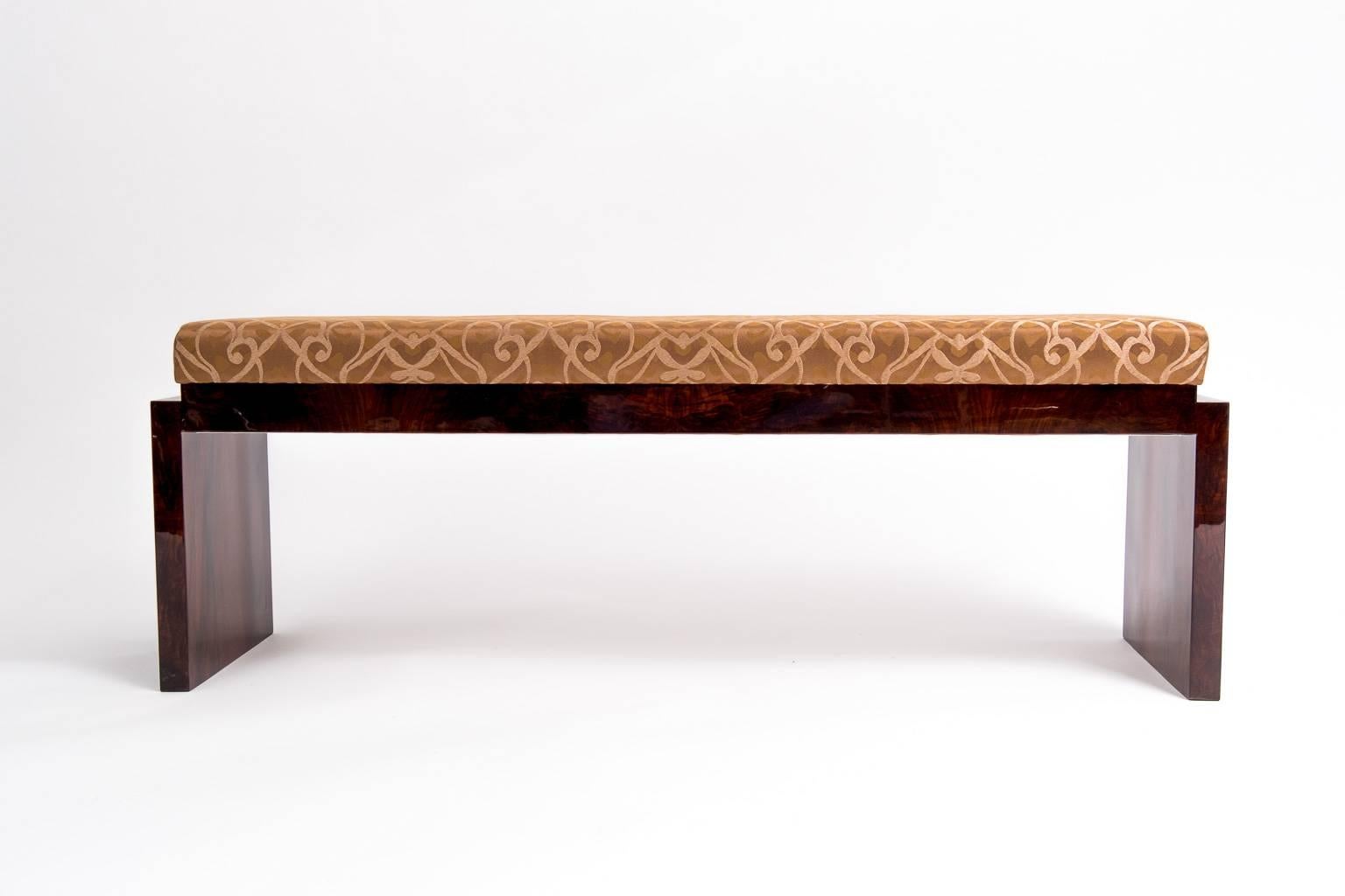 French Art Deco bench. Black Forest walnut root with upholstered seat.