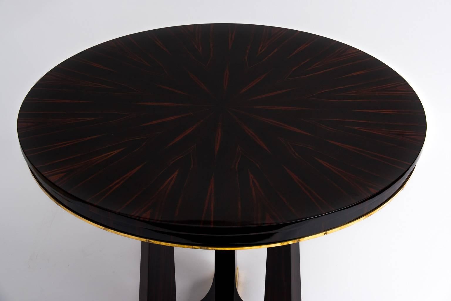 Art Deco Center Table Macassar Sunburst Marquetry Top/Bronze Details circa 1940s In Excellent Condition In New York, NY