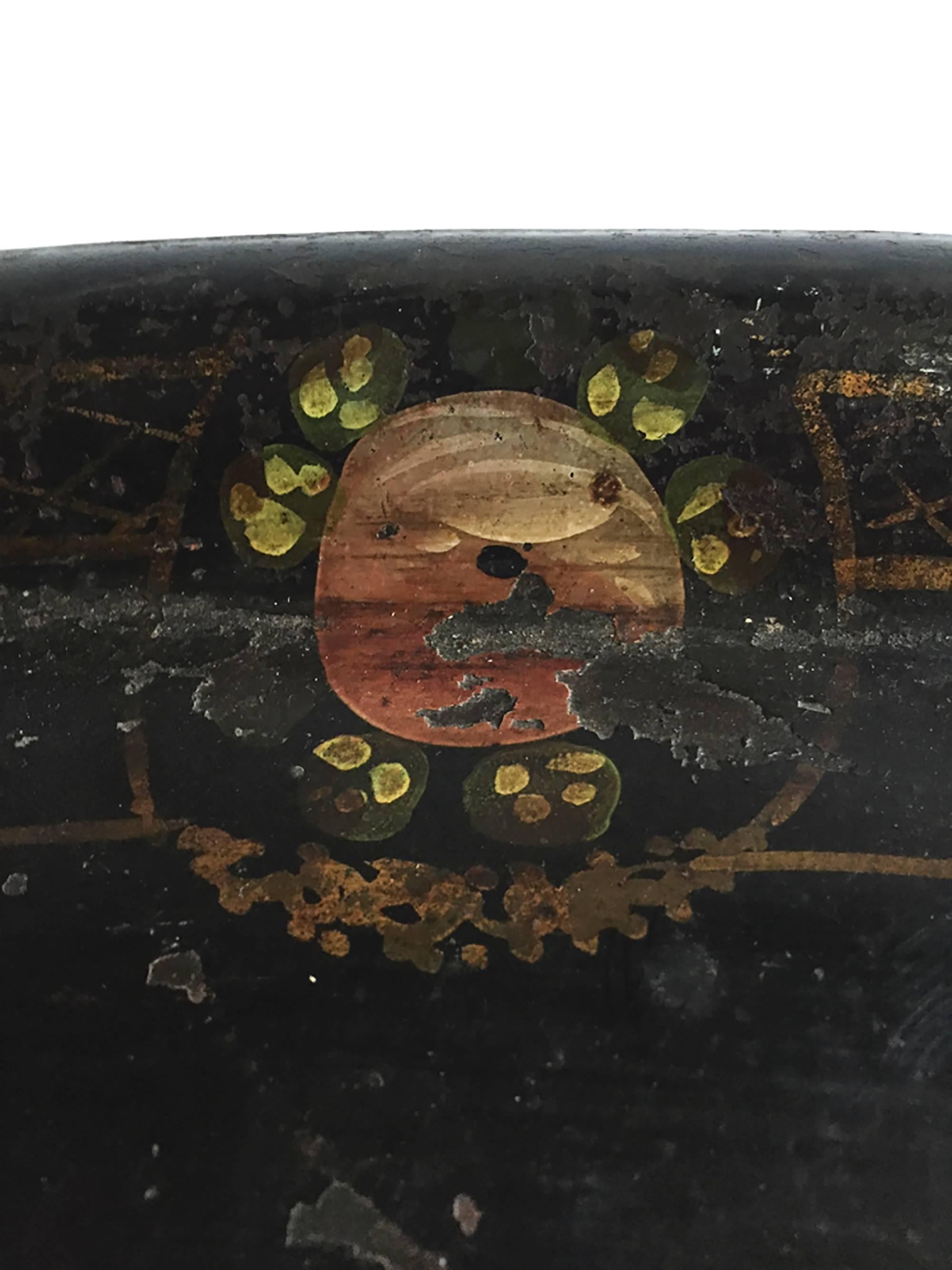 Hand-painted metal fruit tray from Belgium, circa 1900, with gold painted lattice motif and fruit imagery.