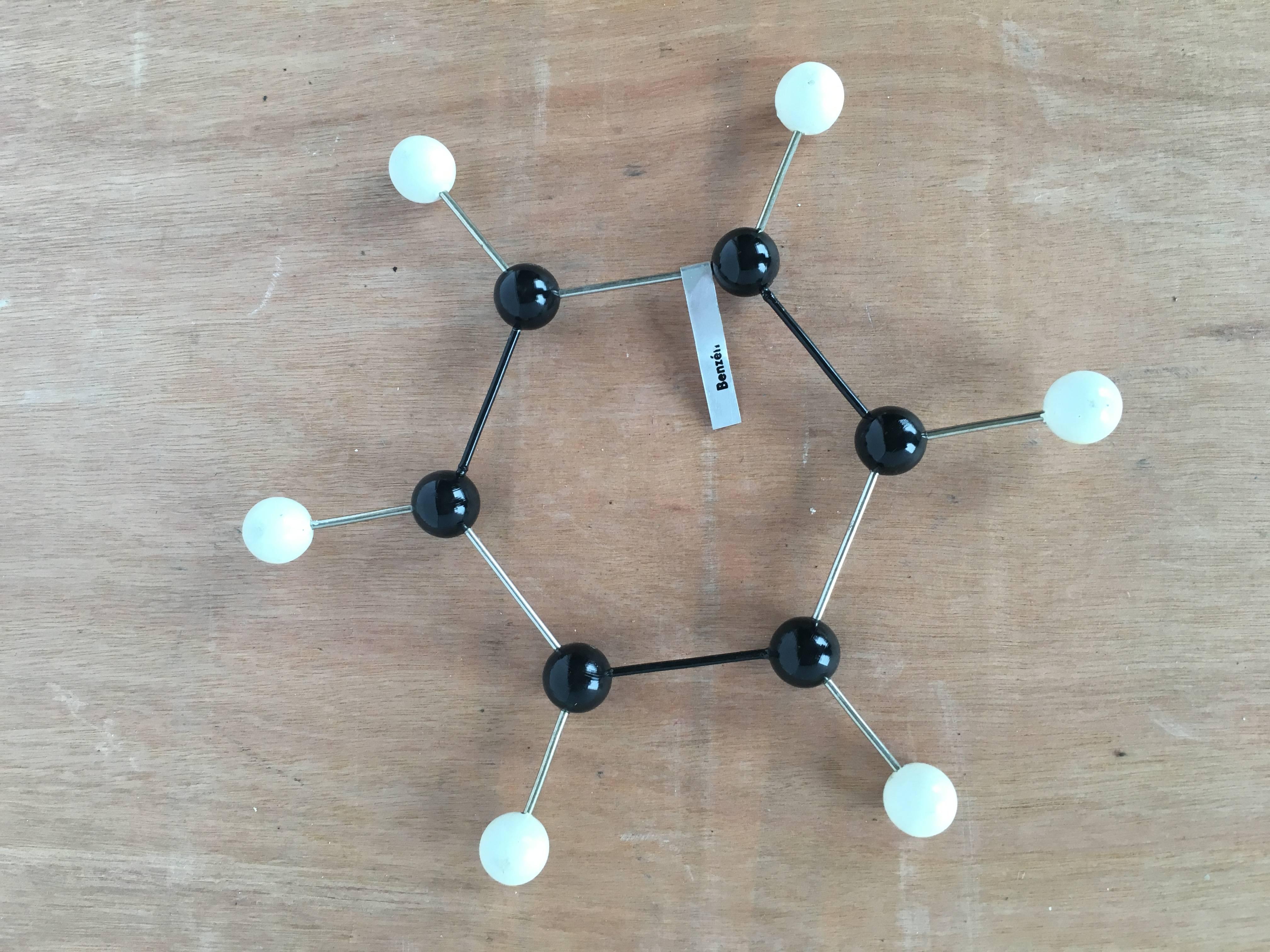 Vintage ball and stick molecular model depicting elemental structure of Benzene, circa 1950s.